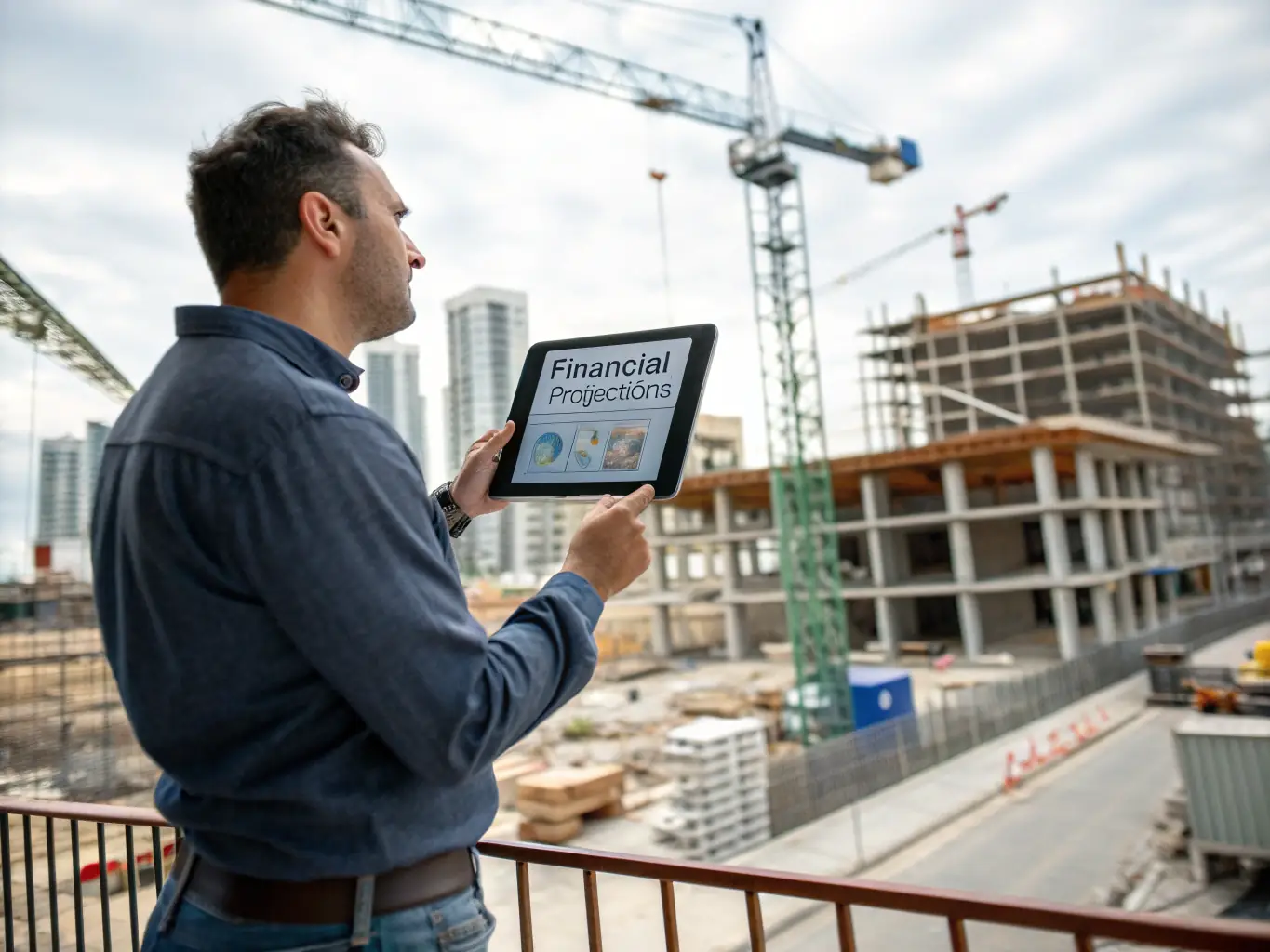 A developer reviewing detailed financial projections on a tablet at a construction site, showcasing the practical application of Real Fi AI's solutions.