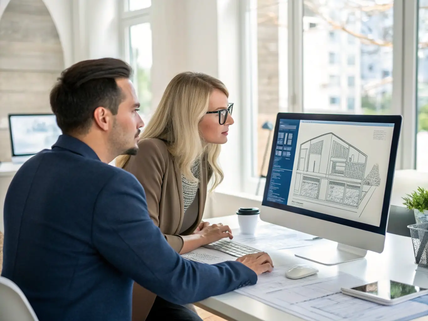 An architect collaborating with a financial analyst, using Real Fi AI's software to optimize project financing and investment strategies.