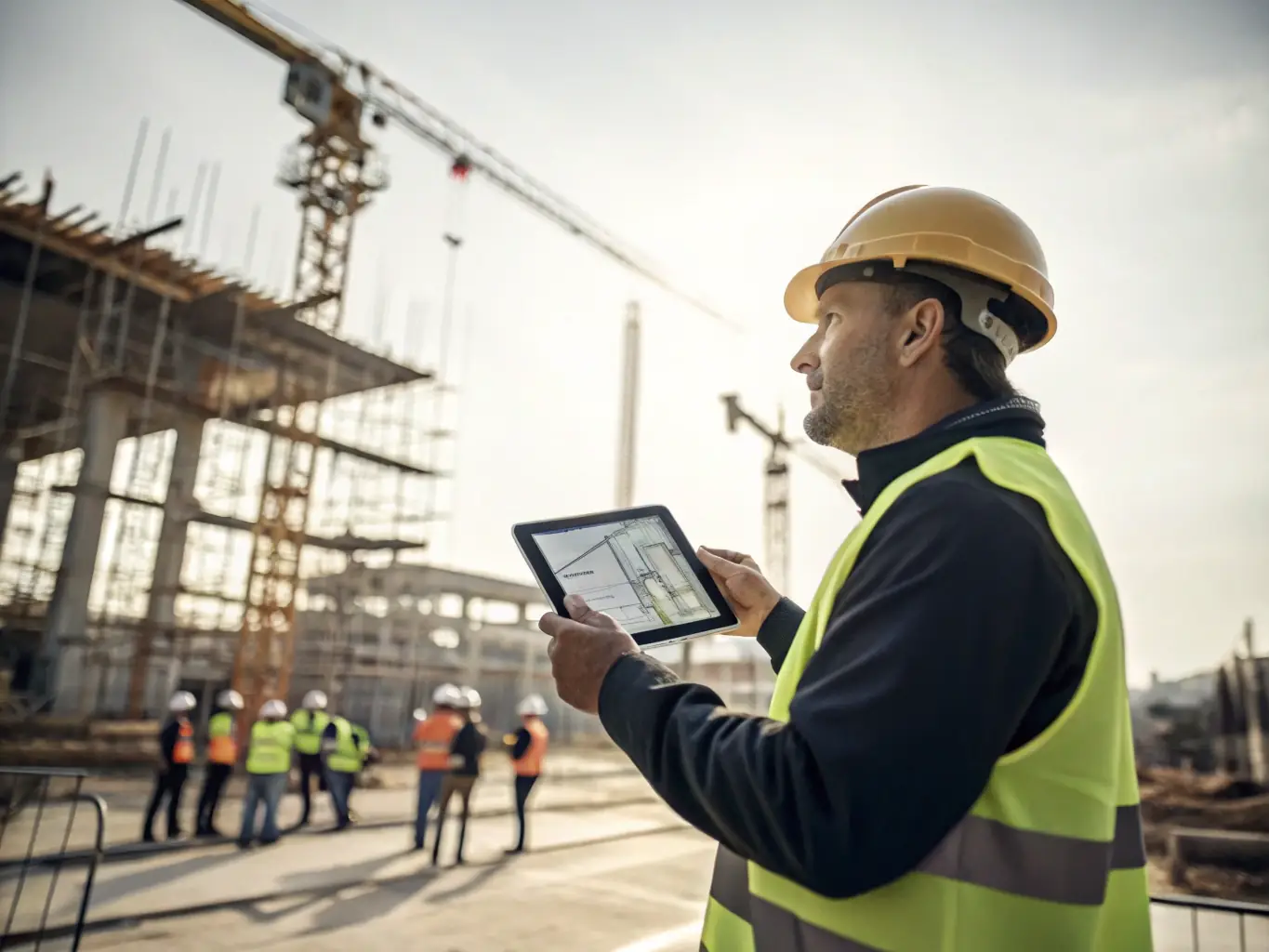 A construction site with a focus on the financial planning and analysis aspect, highlighting how Real Fi AI aids in project budgeting and cost management.